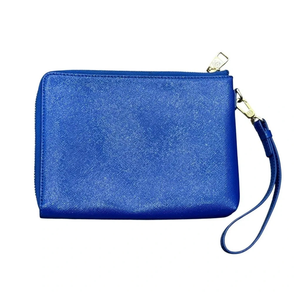 Tory Burch Wristlet Cobalt Blue Saffiano Leather Pineapple Zip Clutch Wallet Bag